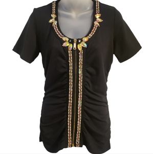 Boston Proper Short Sleeve, Bead Embellished Full Zip & Stones @ Neckline sz S